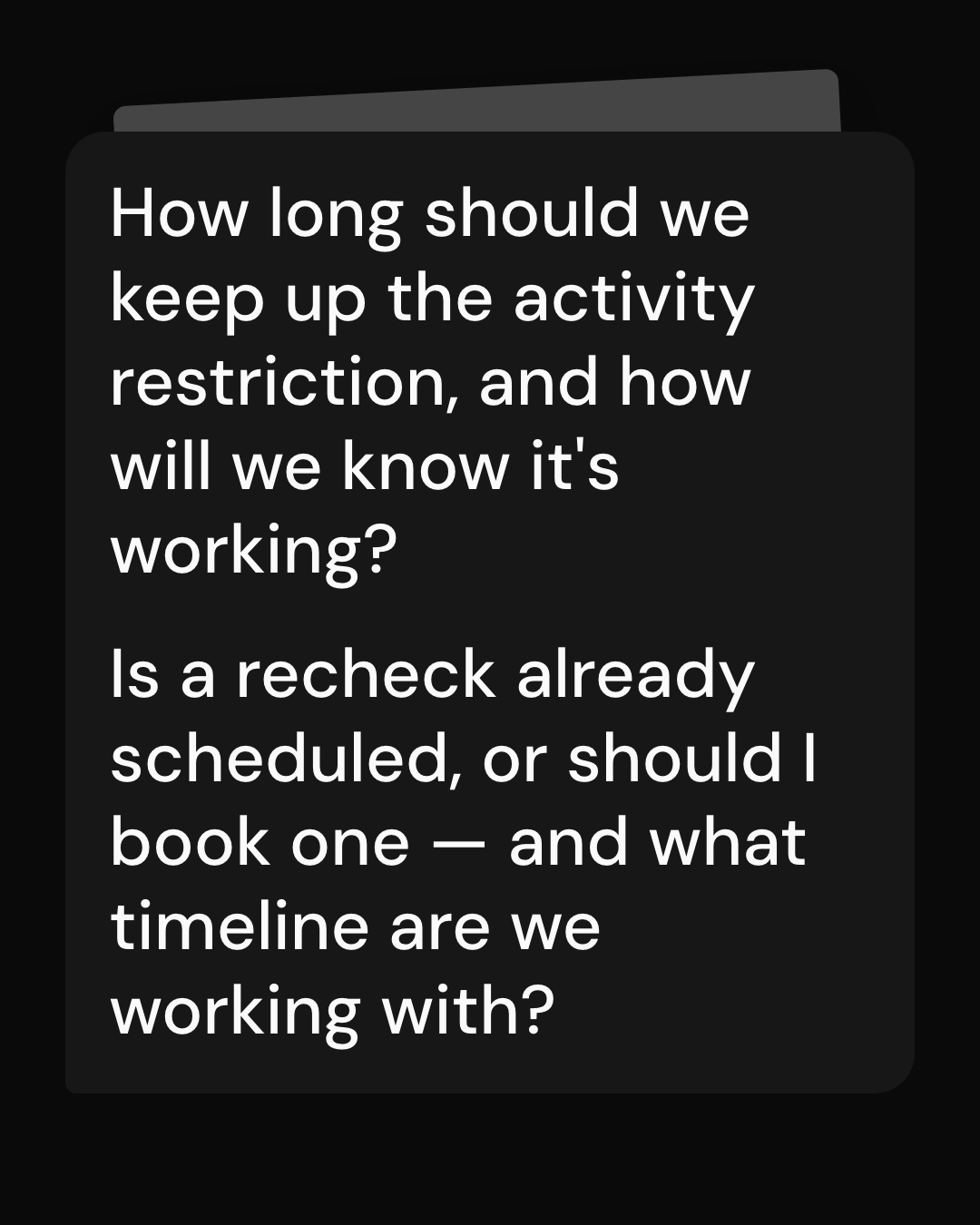Animation of a made-up vet sheet headed Visit notes and Care at home. The question "What questions should I ask my vet about this?" is typed, and it ends on two questions to ask the vet about Maple's activity limits and her recheck.
