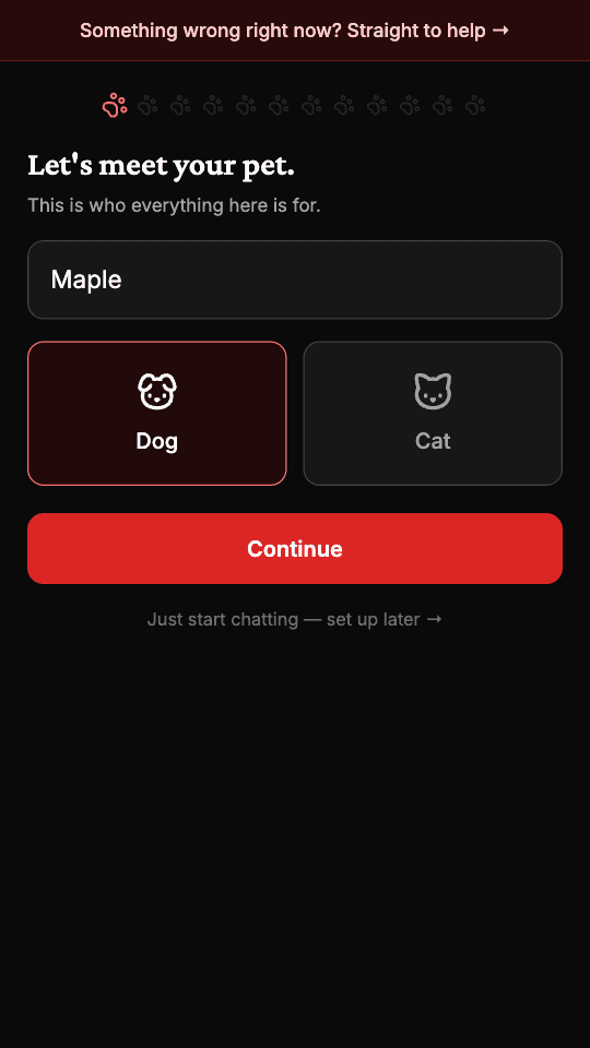 The first set-up screen, asking your pet's name and whether they are a dog or a cat.