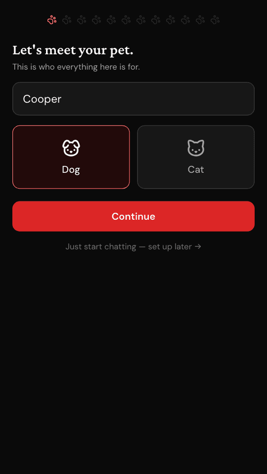 The first set-up screen, asking your pet's name and whether they are a dog or a cat.