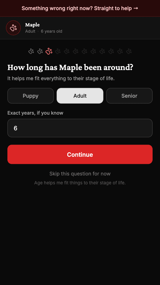 A set-up screen asking how long your pet has been around: puppy, adult or senior.