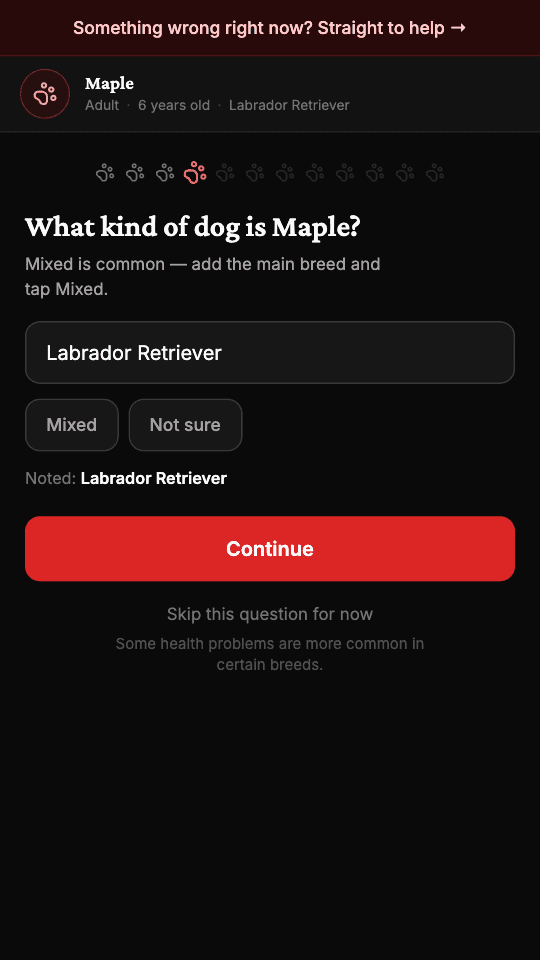 A set-up screen asking what kind of dog they are, with Mixed and Not sure as options.