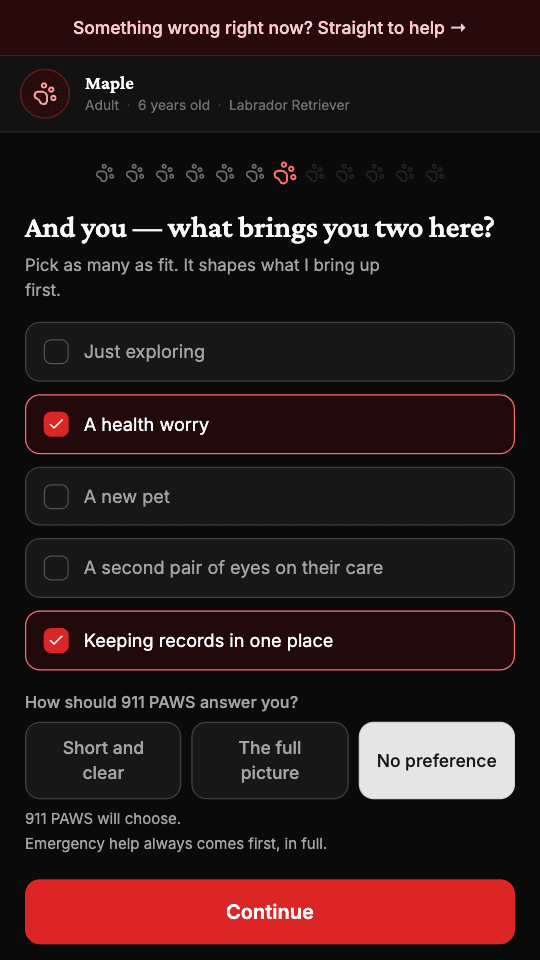 A set-up screen asking what brings you here, with choices such as a health worry or keeping records in one place.