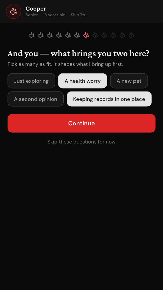 A set-up screen asking what brings you here, with choices such as a health worry or keeping records in one place.