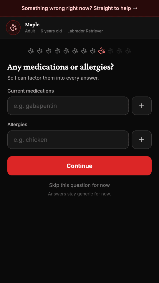 A set-up screen asking about current medications and allergies.