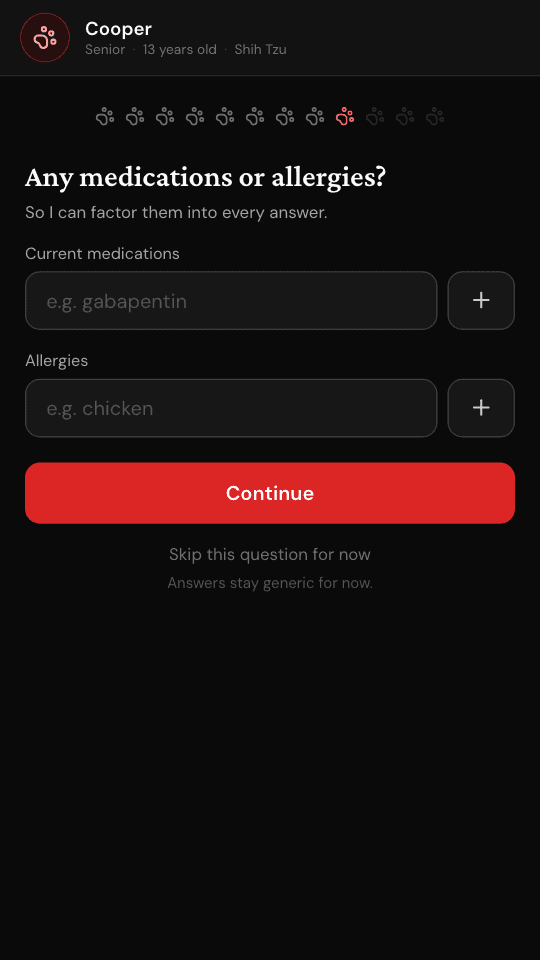 A set-up screen asking about current medications and allergies.