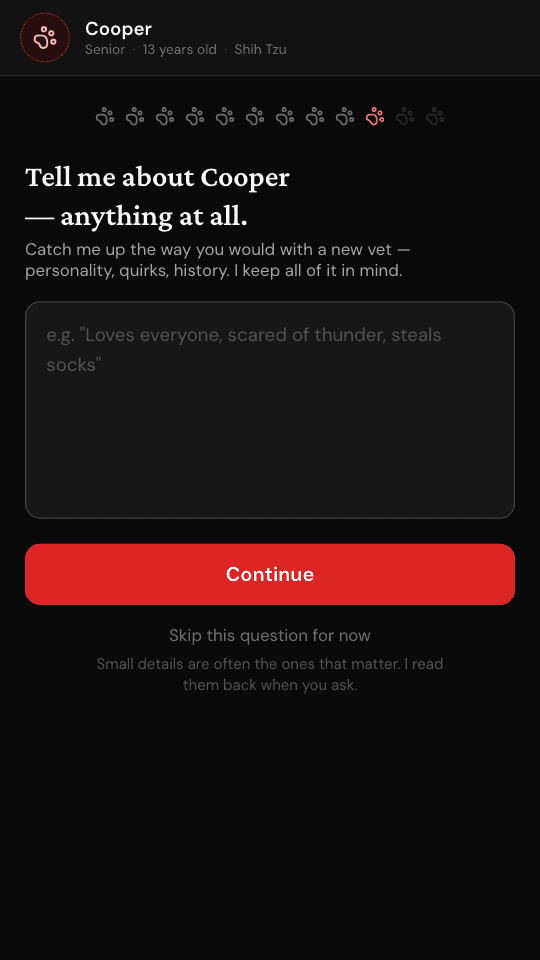 A set-up screen asking you to tell it about your pet in your own words.
