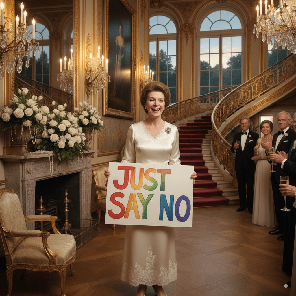A gleefully happy Nancy Reagon holding a "JUST SAY NO" sign situated in a lavish, opulent setting
