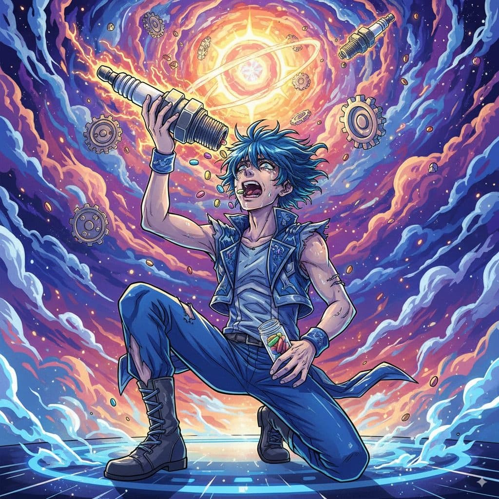 in the style of anime, a manic person, male, idolizing a sparkplug while consuming pills while looking up in a fantastical sky