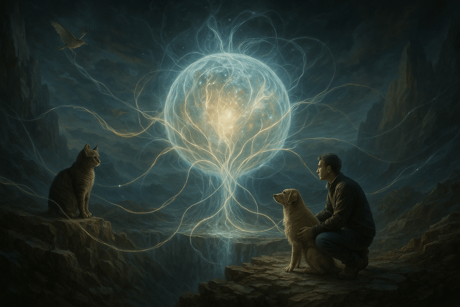 Male, cat, and dog viewing positive energy sphere